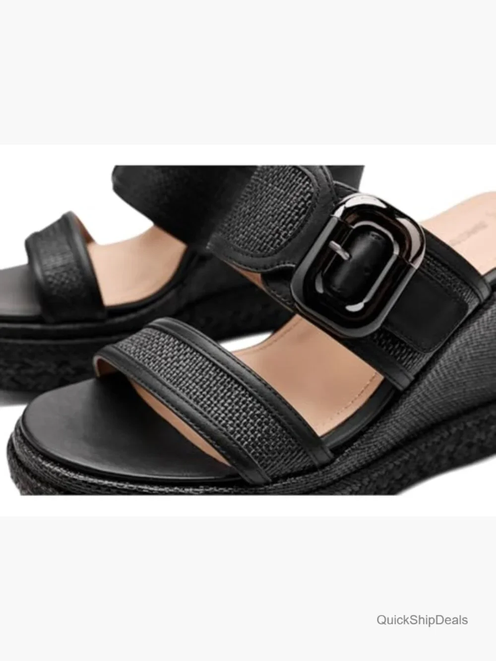 Nappa Leather and Raffia Wedge Sandals with Hook-and-Loop Strap